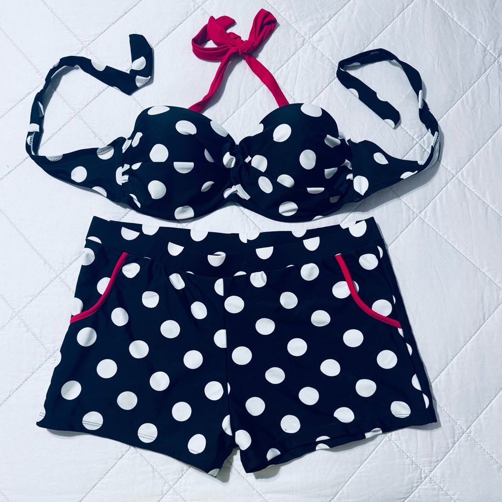 Polka Dot Bikini Set with Red Accents